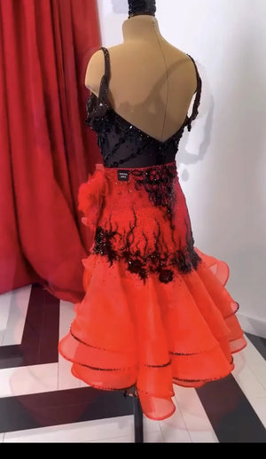 Women's Red and Black Beaded Ruffle Latin Dance Dress with Floral Appliques