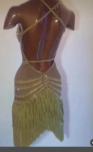 Latin Dance Dress, Women's Beige & Gold Rhinestone Fringe Halter Ballroom Dress