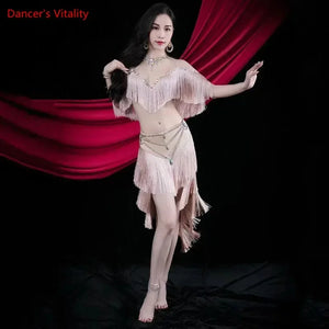 Women's Adult Belly Dance Costume Set With Tassel Bra, Rhinestone Belt And Skirt For Performance