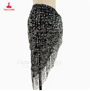 Belly Dance Hip Scarf, Women's Green Sequin Tassel Fringe Wrap Skirt, Asymmetrical Latin Dance Belt