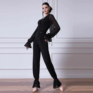 Women's Black and Brown Sheer Sleeve Ruffled Jumpsuit with Velvet Buttons for Latin Dance