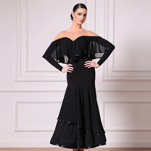 Women's Black Off-Shoulder Ruffled Long Sleeve Ballroom Dance Dress with Tiered Skirt