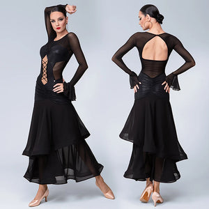 Women's Black Mesh & Faux Leather Lace-Up Ballroom Dance Dress