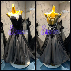 Women's Black Embellished Pearl Open Back Ballroom Dance Dress with Chiffon Skirt