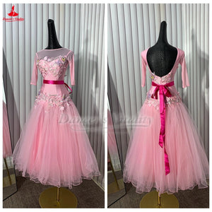 Ballroom Dance Dress Women's Pink Floral Embroidered Mesh Tulle Long Sleeve Open Back Waltz Foxtrot Standard Dance Gown
