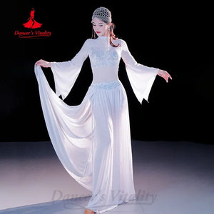 Belly Dance Costume Women's Black Sequin Mesh Long Sleeve Top & Slit Skirt Set for Performance