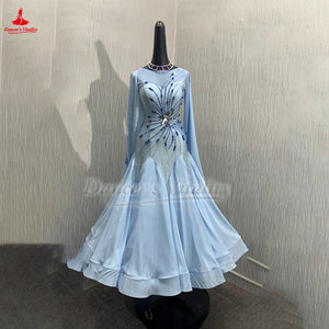 Ballroom Dance Dress Women Light Blue Embellished Long Sleeve Open Back Satin