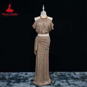 Belly Dance Costume, Women's, Lavender Sequin Halter Crop Top and Draped Slit Maxi Skirt, Performance Wear