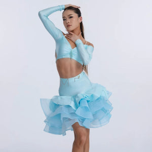 Women's Light Blue, Lavender, and Gold Off-Shoulder Long Sleeve Crop Top and Ruffled Skirt Latin Dance Dress