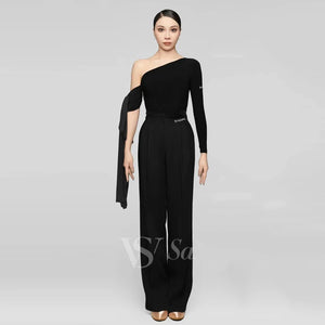 Women's Black & White One-Shoulder Ruched Latin Dance Dress with Flowing Sleeves