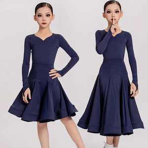 Girls' Navy Blue Long Sleeve V-Neck Ballroom Latin Dance Dress with Finger Loops