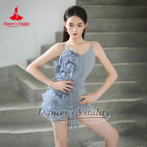 Dance Dress Women's Light Blue Ruched Ruffled Mesh Mini Dress, Dance Dress Women's Black Ruched Mesh Mini Dress, Latin Salsa Rumba Dancewear