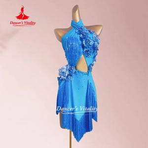 Women's Red Sequin Fringe Halter Latin Dance Dress with Floral Embellishments