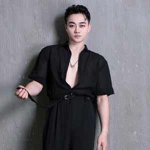 Men's White Linen Short-Sleeve Shirt with Silver Chain and Blue Pleated Trousers