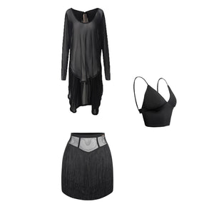 Women's Black Mesh Long Sleeve Latin Dance Dress with Fringe Skirt