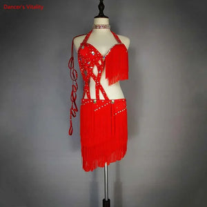 Women's Black Halter Fringe Latin Dance Dress with Rhinestones and Cut-Outs