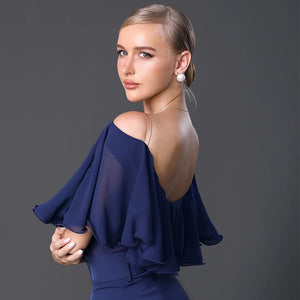 Women's Black Chiffon Off-Shoulder Ruffle Top & Wide-Leg Pants Latin Dancewear Set