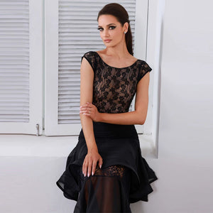 Women's Black Lace Cap Sleeve Bodysuit and Ruffled Chiffon Skirt Latin Ballroom Dance Dress