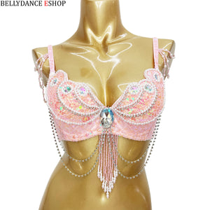 Women's Red Sequin & Pearl Beaded Belly Dance Bra Top with Shoulder & Waist Chains