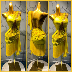 Women's Yellow Sequin Fringe Asymmetrical Latin Dance Dress
