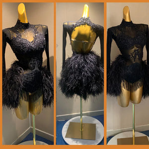 Women's Black Sequin Beaded Feathered Open Back Ballroom Latin Dance Dress