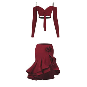 Women's Burgundy & Black Off-Shoulder Crop Top & Ruffled Skirt Latin Dance Costume Set