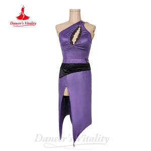 Women's Purple One-Shoulder Asymmetrical Slit Latin Dance Dress with Black Sash