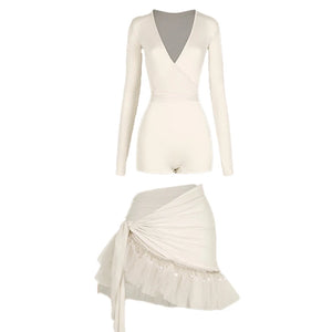 Women's Pink V-Neck Long Sleeve Bodysuit with Ruffled Sequin Wrap Skirt Latin Dance Dress