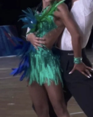 Women's Green & Blue Feathered Fringe Latin Dance Dress