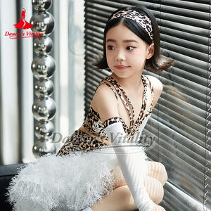 Girls' Leopard Print and White Fluffy Latin Dance Dress with Arm Sleeves