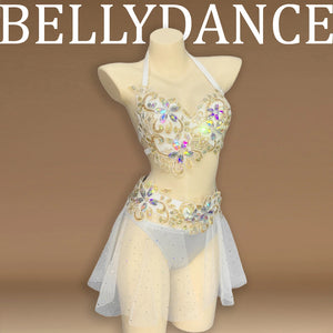 Belly Dance Women's White and Gold Sequin and Rhinestone Halter Top and Skirt Set with Sheer Overlay, Bellydance Performance Costume