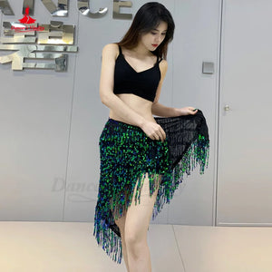 Belly Dance Hip Scarf, Women's Green Sequin Tassel Fringe Wrap Skirt, Asymmetrical Latin Dance Belt