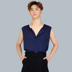 Men's Gray & Navy Ribbed Sleeveless Henley Dance Top with High-Waisted Black Pants, Modern Lyrical Ballet Contemporary Dancewear