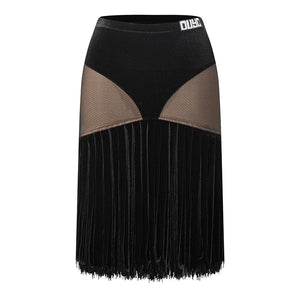 Women's Black Velvet Mesh Fringe Latin Dance Dress