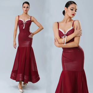 Women's Red Faux Leather & Chiffon Mermaid Latin Dance Dress with Ruffle Trim & Tie Detail