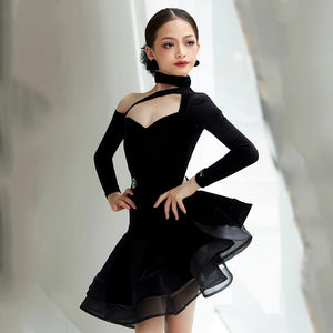 Girls Black Velvet Off-Shoulder Latin Dance Dress with Choker Neckline and Tiered Skirt