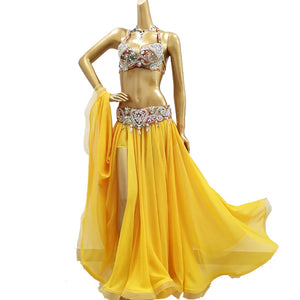 Belly Dance Costume Women's Yellow Sequin & Bead Embellished Chiffon Bra Top and Slit Skirt Set