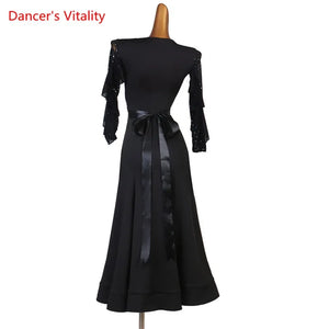 Women's Black Ballroom Dance Dress with Sweetheart Neckline, Ruffled Sleeves, and Satin Waistband