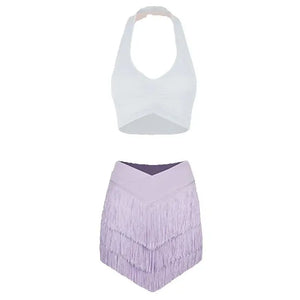 Women's Halter Neck Ruched Crop Top & Layered Fringe Latin Dance Skirt Set