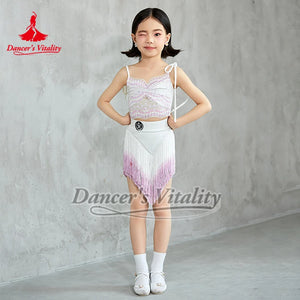 Girls White & Pink Sequin Fringe Latin Dance Dress, Spaghetti Strap Crop Top & Asymmetrical Skirt Set