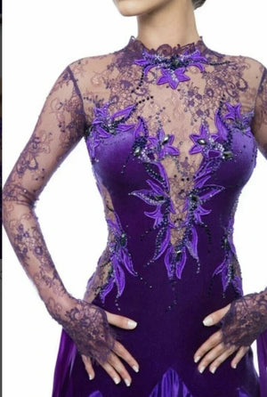 Women's Purple Lace & Velvet Embellished Ballroom Dance Dress