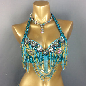 Belly Dance Bra Top Women's Fuchsia Beaded Sequin Halter Neck with Draped Chains and Rhinestones