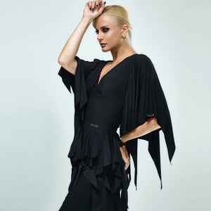 Women's Black V-Neck Long Sleeve Ruffle Latin Dance Dress