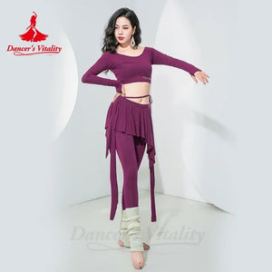 Belly Dance Practice Set Women's Teal Green Long Sleeve Crop Top with Skirted Leggings and Ribbed Leg Warmers