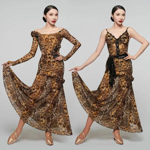Women's Brown Leopard Print Latin Dance Dress with Black Lace, High-Low Hem, and Ruffled Detail