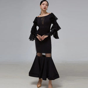 Latin Dance Dress Women Black Lace Ruffle Long Sleeve Sheer Mermaid Hem Lycra Spandex