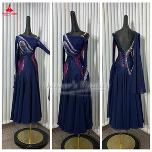 Women's Navy Blue Crystal Embellished Long Sleeve Open Back Ballroom Dance Dress