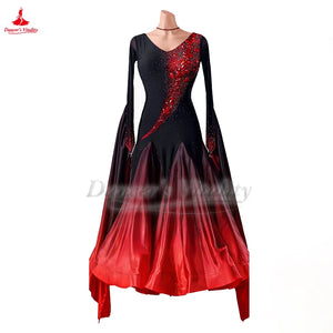 Women's Black and Red Ombre Beaded Long Sleeve Ballroom Dance Dress