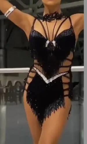 Latin Dance Dress Women's Black Sequin Fringe Cutout Rhinestone Bodysuit