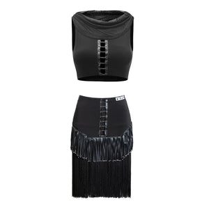 Women's Black Fringe Latin Dance Top and Skirt Set with Lacing Detail, Mesh Neckline